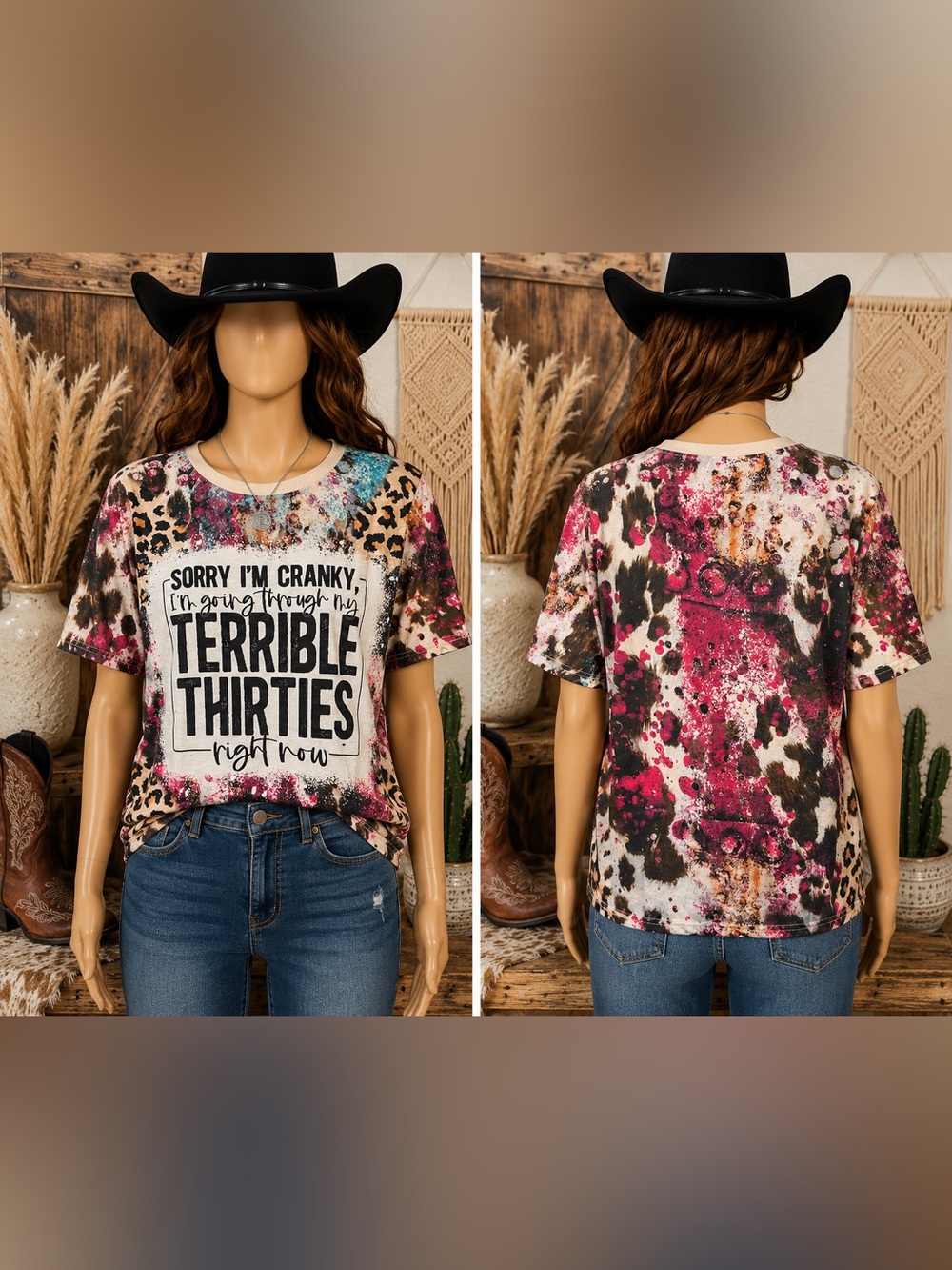 🆕 Graphic Tee - Sorry I'm Cranky Terrible Thirties - Leopard & Pink Tie-Dye